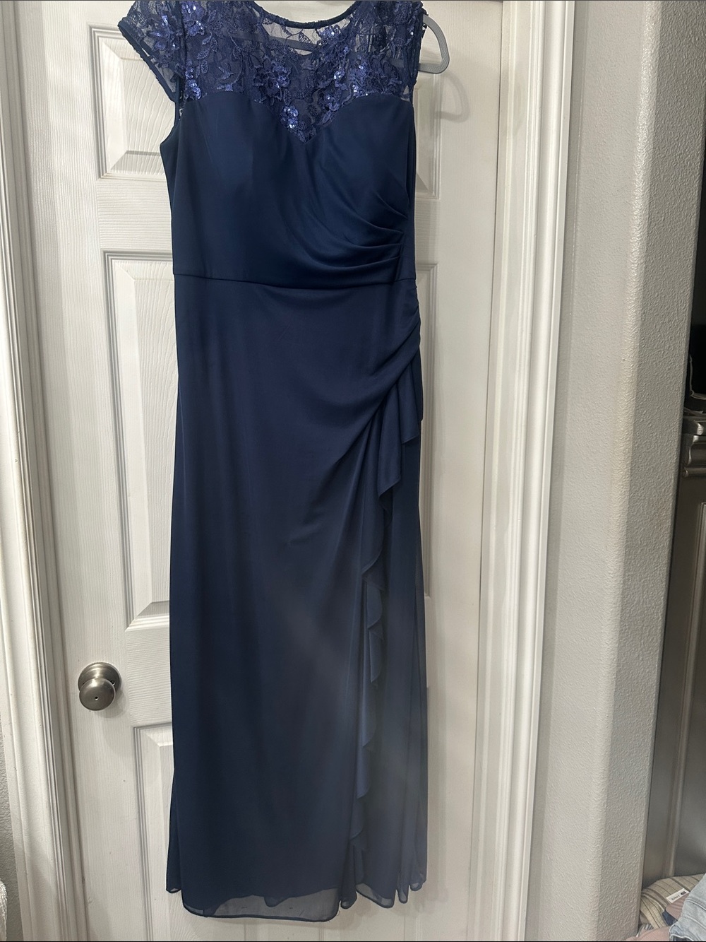 Alex Evenings Navy Lace Bodice Maxi Gown